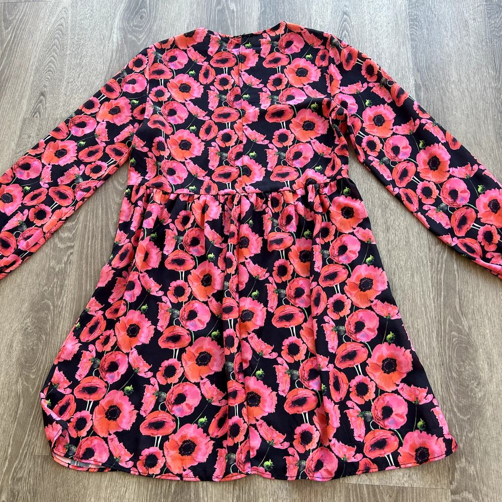 EUC Boohoo Hot Pink and Red Poppy Floral Long Sleeve Ruffle Cuff Dress Mini US 6 - Picture 9 of 16